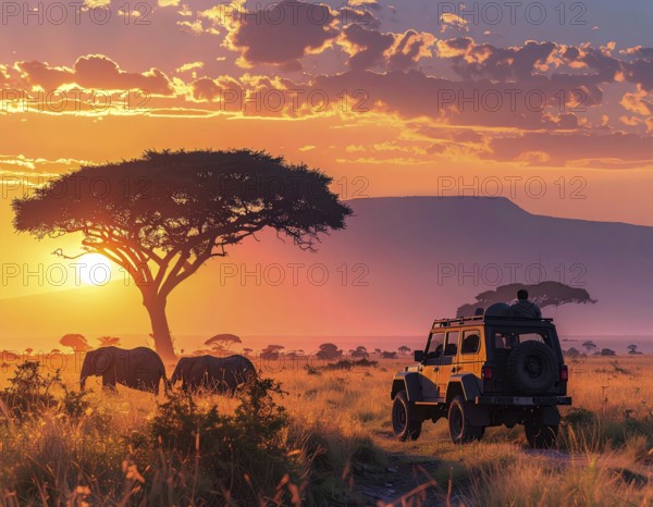 African savannah sunrise with a jeep safari and elephants, AI generated