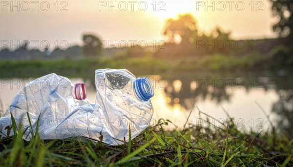 Crushed plastic water bottle waste in a wild landscape, symbol for nature protection, waste