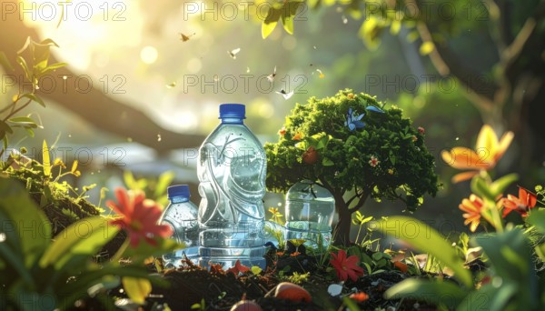 Crushed plastic water bottle waste in a wild landscape, symbol for nature protection, waste