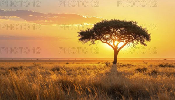 Single acacia tree in the savannah at sunset, solitude in the wild, dry grass in the foreground,