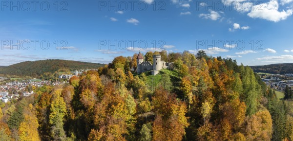 Aerial view, panorama of the ruins of Honburg Castle on the Honberg above the town of Tuttlingen,