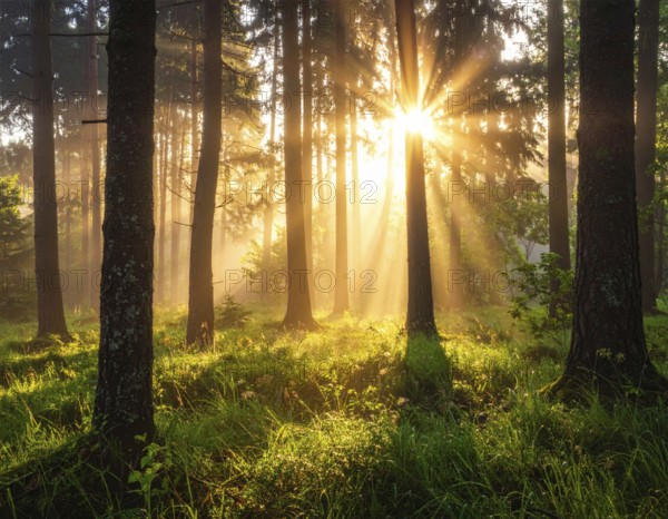 Sunlight streaming through a dense, misty forest, Fog covered forest in summer with mystic golden