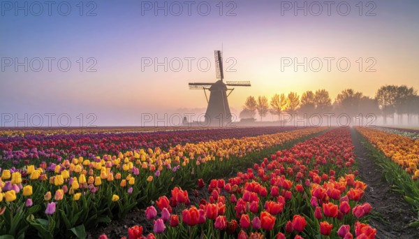 Fog covered landscape in sunrise with tulip fields and windmill in background, AI generated