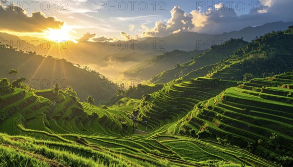 Early morning light bathes Philippines rice terraces cascading down mountain slopes, beautiful