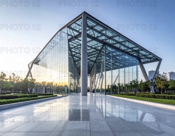 Modern architectural framework with glass and steel structure, glass facade with a greed of steel