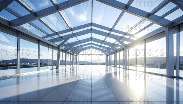 Modern architectural framework with glass and steel structure, glass facade with a greed of steel