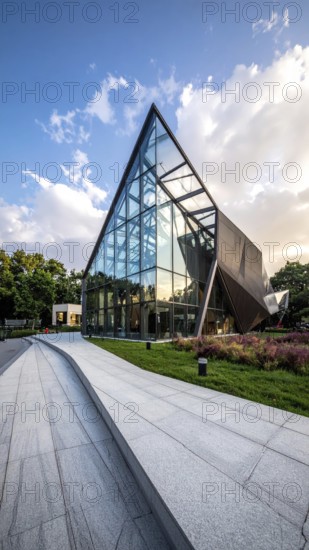 Modern architectural framework with glass and steel structure, glass facade with a greed of steel
