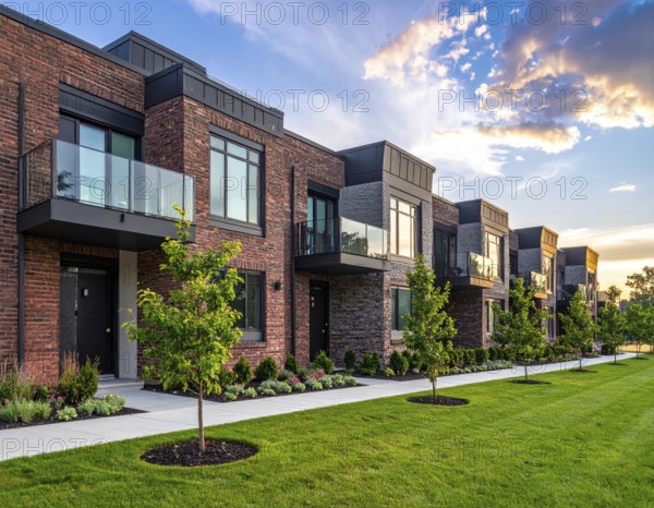 Modern apartment building with balconies and well-kept landscaping at sunset, Modern multifamily