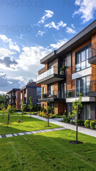 Modern apartment building with balconies and well-kept landscaping at sunset, Modern multifamily