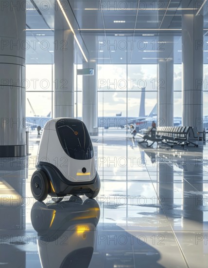 Autonomous cleaning roboter at modern airport terminal, showcasing advanced technology, daylight in