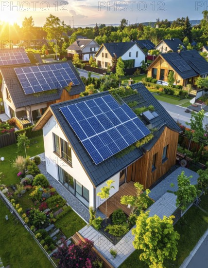 Aerial view showcases modern houses with solar panels and green roofs in a suburban setting,