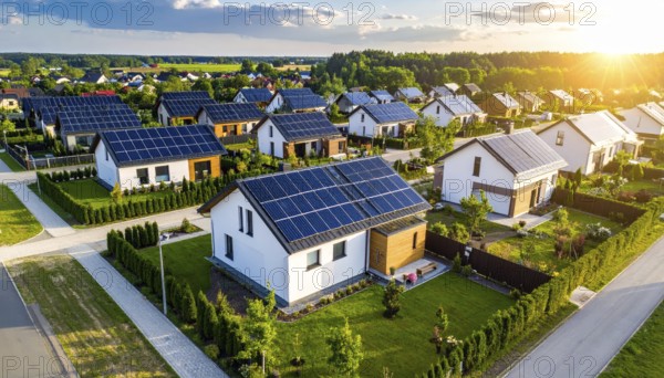 Aerial view showcases modern houses with solar panels and green roofs in a suburban setting,