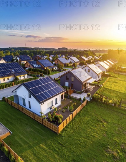 Aerial view showcases modern houses with solar panels and green roofs in a suburban setting,