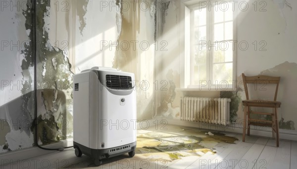 A specialized dehumidifier operates in a mold-infested room following water damage, Shell