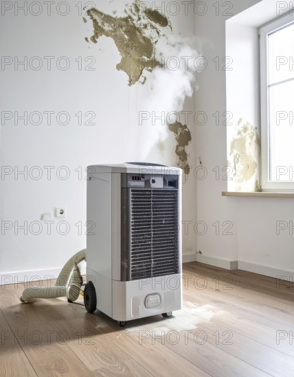 A specialized dehumidifier operates in a mold-infested room following water damage, Shell
