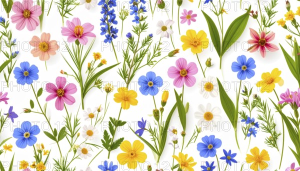 Vibrant wildflowers and grass create a colorful and joyful floral pattern, Variety of wild flowers,