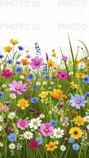 Vibrant wildflowers and grass create a colorful and joyful floral pattern, Variety of wild flowers,