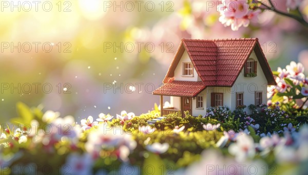 A miniature house surrounded by blooming cherry blossoms and warm sunlight, creating a peaceful and