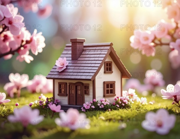 A miniature house surrounded by blooming cherry blossoms and warm sunlight, creating a peaceful and