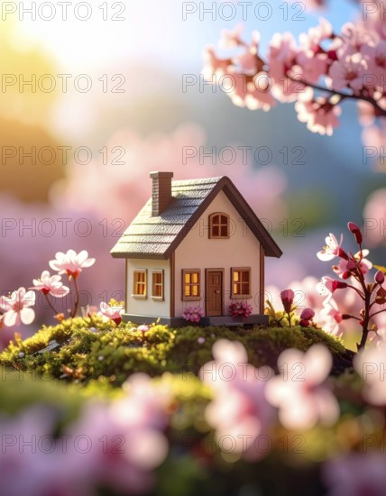 A miniature house surrounded by blooming cherry blossoms and warm sunlight, creating a peaceful and