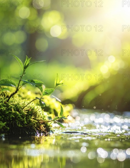 Beautiful spring detailed stream of fresh water, vibrant blooming young green plants, wallpaper