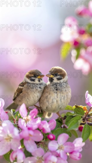 Small funny Sparrow Chicks sit in the garden surrounded by pink Apple blossoms on a Sunny may day,