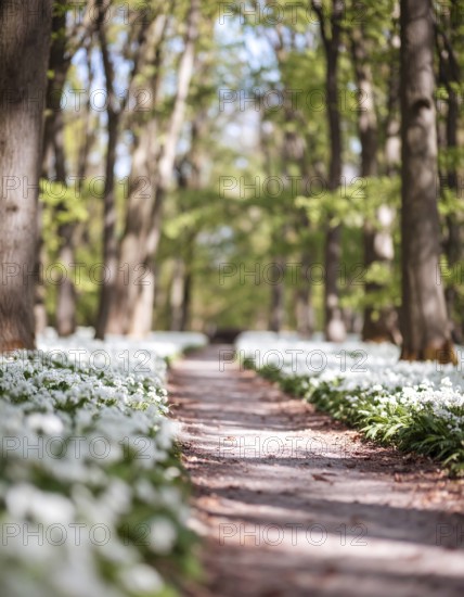 A tranquil forest path lined with white flowers, surrounded by tall trees and bathed in soft