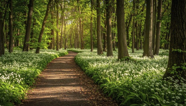 A tranquil forest path lined with white flowers, surrounded by tall trees and bathed in soft