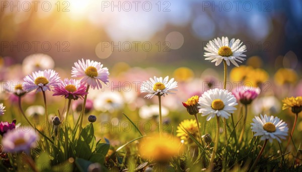 A sunny meadow with daisies in full bloom under bright sunlight, creating a vibrant and cheerful