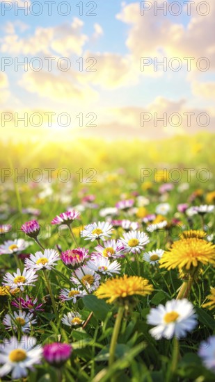 A sunny meadow with daisies in full bloom under bright sunlight, creating a vibrant and cheerful