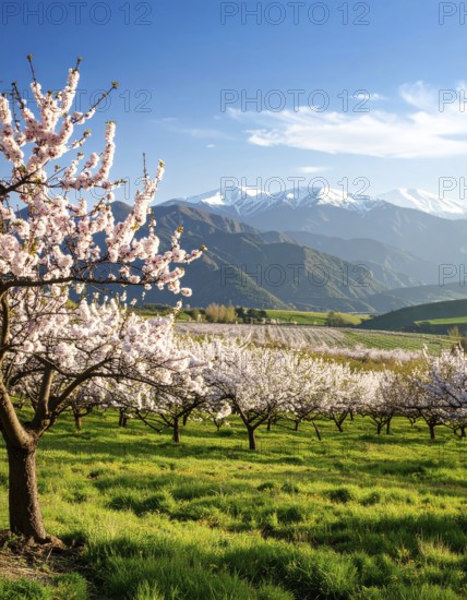 Landscape with a blooming apricot tree, idilyc spring nature, green grass and mountains in
