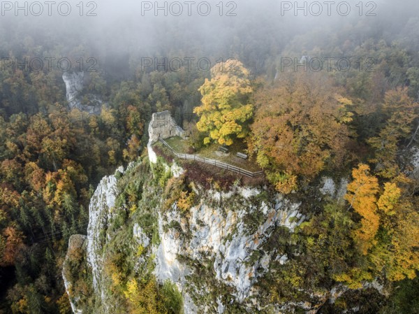 Aerial view of the viewpoint, shovels and Hausen Castle, also known as the Hausen ruins, surrounded