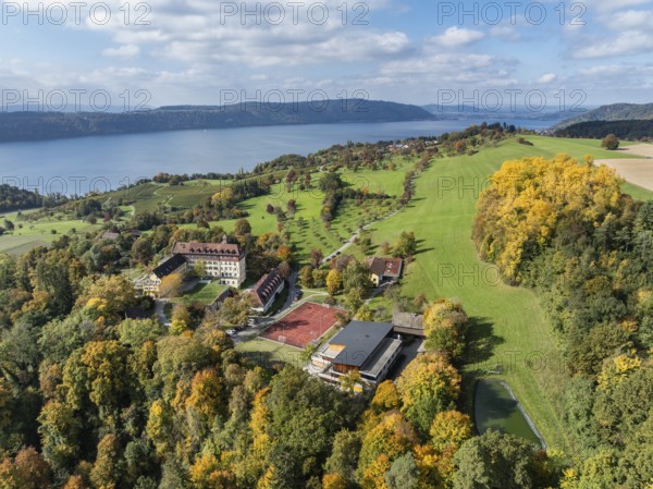 Aerial view of Lake Constance, Überlinger See, surrounded by autumn vegetation with Spetzgart