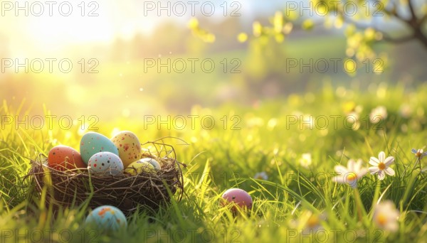 Nest with easter eggs in a basket on grass, sunny spring day, fresh beautiful landscape at