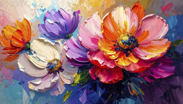 Closeup of abstract rough colorful multicolored organic floral spring flowers art painting texture,