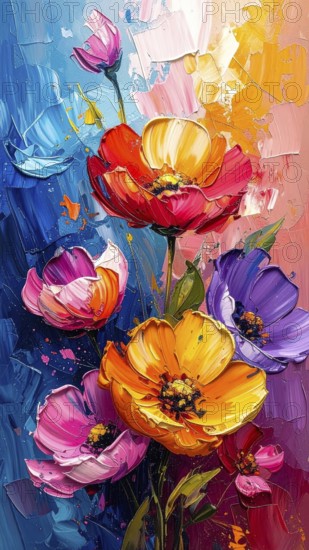 Closeup of abstract rough colorful multicolored organic floral spring flowers art painting texture,
