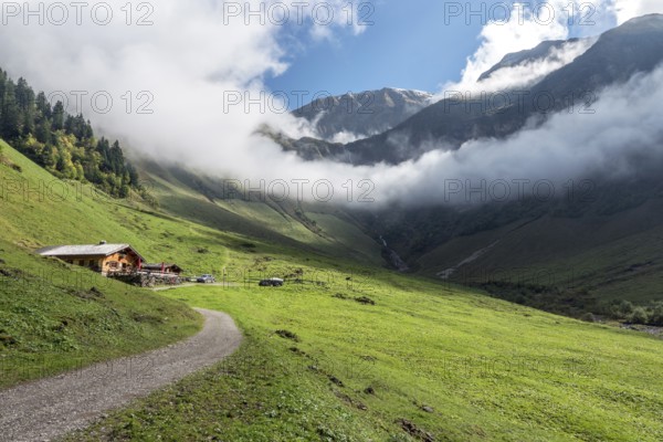 Dietersbachtal valley closure, left Alpe Dietersbach, Nebelschwanden hanging in the valley,