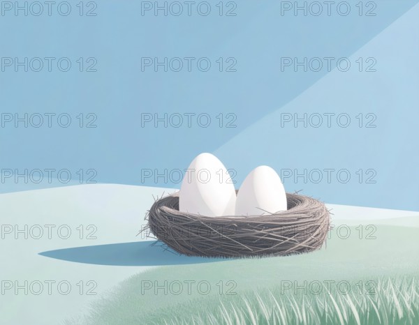 Nest with easter eggs in grass on a sunny spring day, Easter wallpaper decoration drawing, banner,