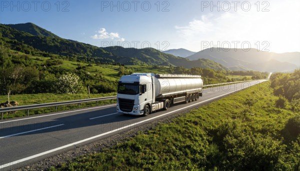 Petrol cargo truck lorry tanker driving on highway hauling oil products at sunrise, wide hilly