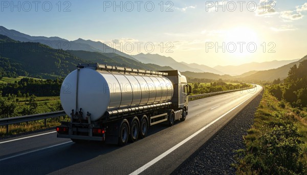 Petrol cargo truck lorry tanker driving on highway hauling oil products at sunrise, wide hilly
