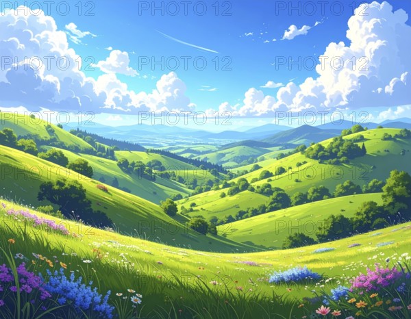 Fresh summer hilly Landscape with blooming Meadow, green plants, Blue Sky with cloudy sky, serene