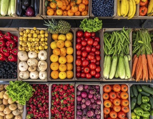 Fresh fruits and vegetables in a market display, aerial view perpendicular top down, healthy eating