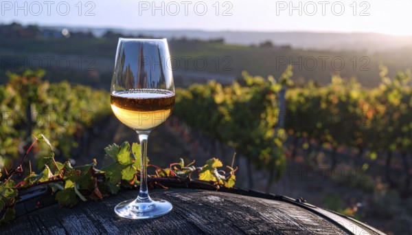 A glass of 10-year-old tawny wine placed on a barrel in a vineyard restaurant, vineyard landscape