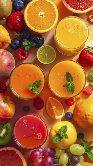 Fresh fruit juices in glasses, surrounded by colorful fruits, showcasing healthy drinking and