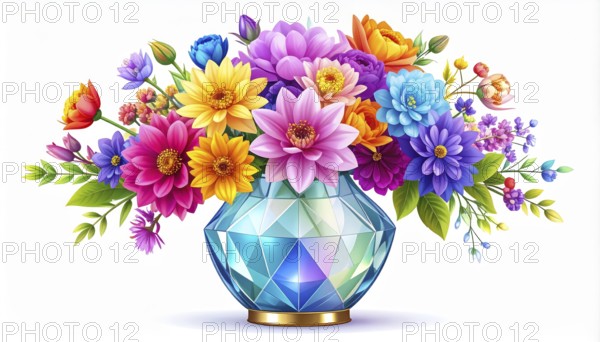 Crystal glass vase with vibrant blooming flowers, vibrant vector drawing illustration for fresh