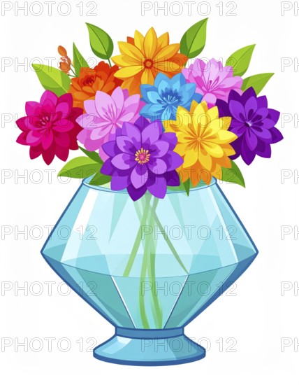 Crystal glass vase with vibrant blooming flowers, vibrant vector drawing illustration for fresh