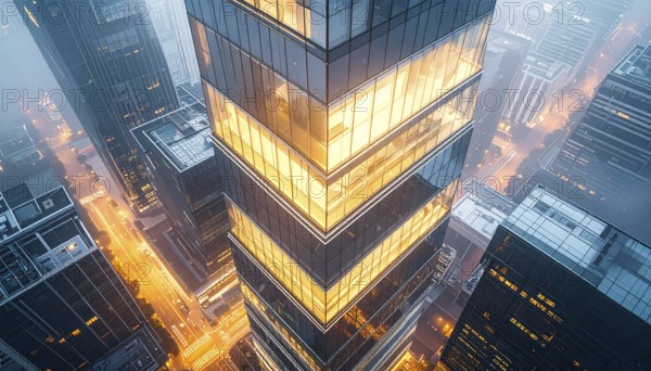 Modern building reflecting sunset light at dusk. Abstract Futuristic Business Background, AI
