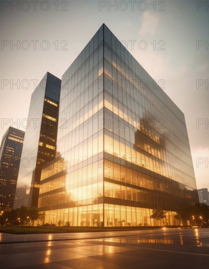 Modern building reflecting sunset light at dusk. Abstract Futuristic Business Background, AI