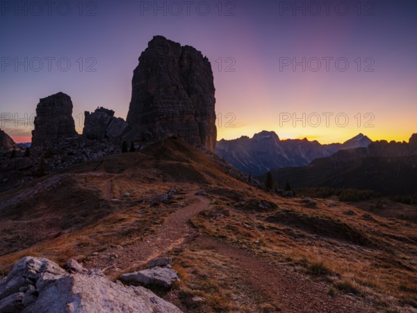 Five towers, Cinque Torri at dawn, climbing rocks, Dolomites, Alps, Belluno province, Veneto