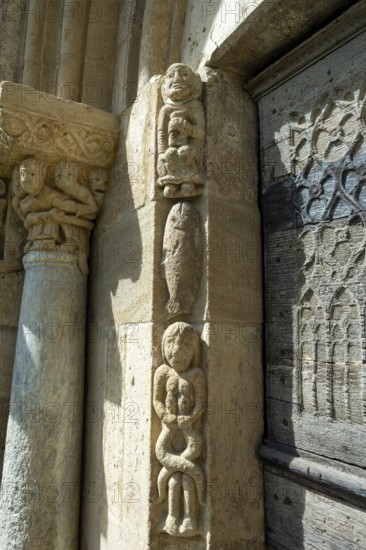 Porch sculptures of the romanesque church of Mailhat, Puy de Dome department, Auvergne-Rhone-Alpes,